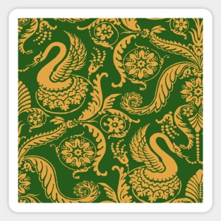 Green on Gold Classy Medieval Damask Swans Sticker